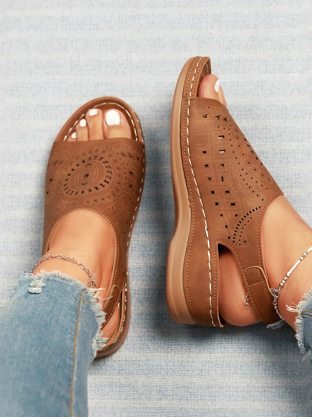 AS | Ethnic Pattern Punched Hollow Velcro Retro Sandały