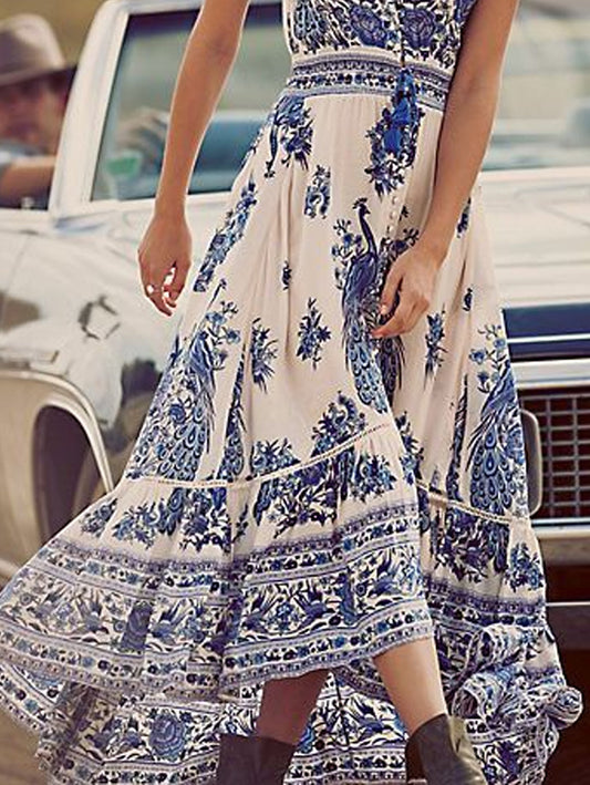 LB | White Peacock Floral Print Maxi Dress Cap Sleeve