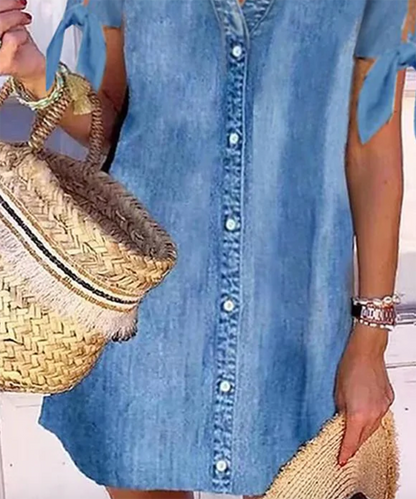 LB | Chambray V-neck zapięcie na guziki z rozciętymi rękawami mini sukienka