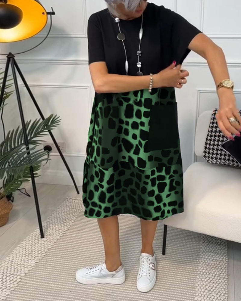 LB | Stylowa sukienka midi z krótkim rękawem w panterkę