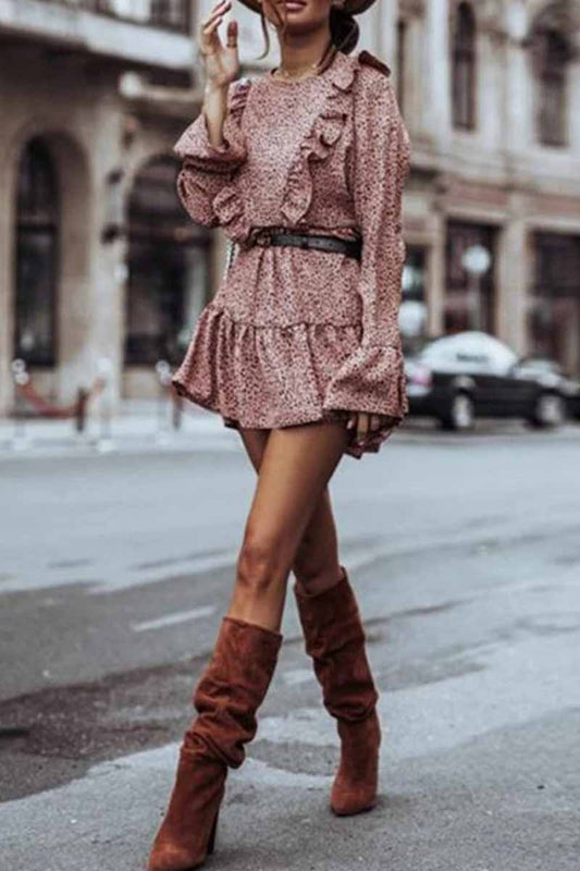 LB | Omyke Ruffle Print Sukienka mini z długim rękawem