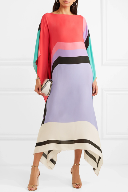 LB | Nowoczesna sukienka midi w stylu batwing z eleganckim geometrycznym nadrukiem