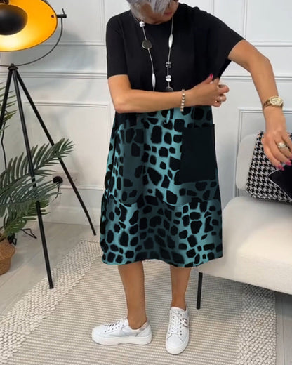 LB | Stylowa sukienka midi z krótkim rękawem w panterkę