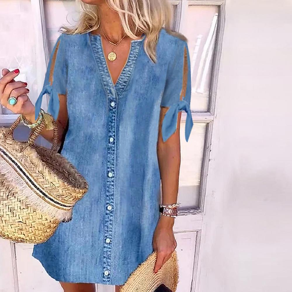 LB | Chambray V-neck zapięcie na guziki z rozciętymi rękawami mini sukienka