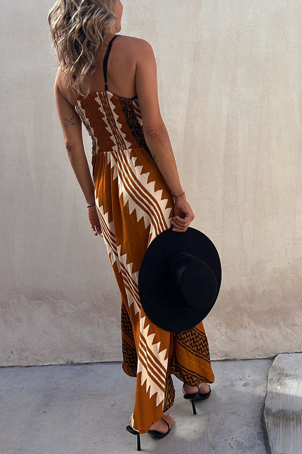 LB | Always Falling Satin Ethnic Print Smocked Back Midi Dress