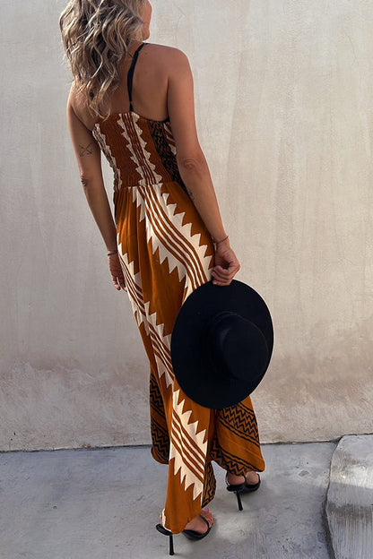 LB | Always Falling Satin Ethnic Print Smocked Back Midi Dress