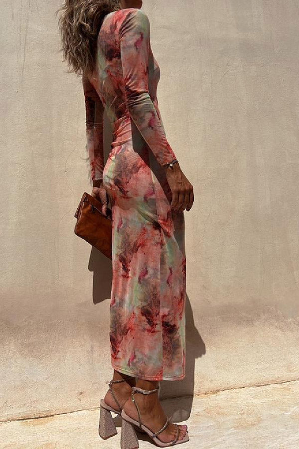 LB | Charm Lady Mesh Overlay Tie Dye Print Long Sleeve Ruffled Stretch Midi Dress