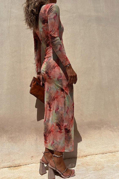 LB | Charm Lady Mesh Overlay Tie Dye Print Long Sleeve Ruffled Stretch Midi Dress