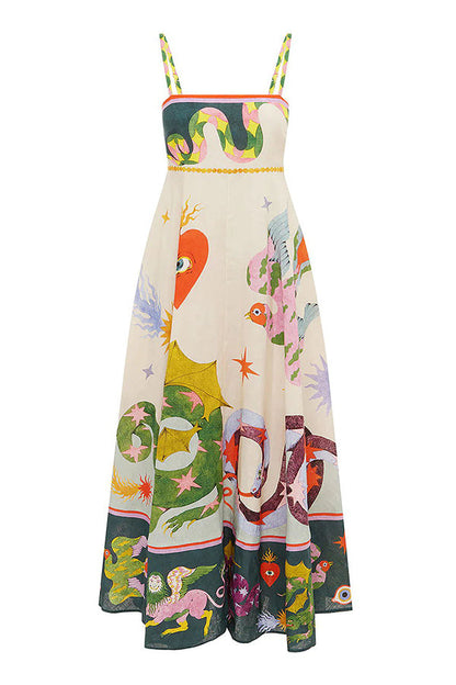 LB | Feel Effortlessly Linen Blend Unique Print Smocked Back Midi Dress