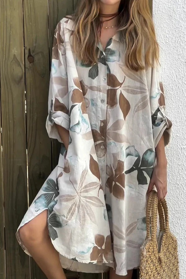 LB | Botanical Print Luźna sukienka midi z długim rękawem i kieszeniami, zapinana na jeden guzik