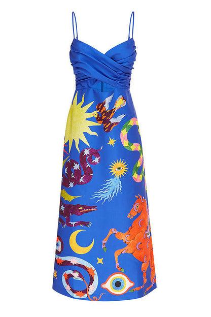 LB | Main Stage Unique Printed Ruffled Cross Over Detail Strap Midi Dress