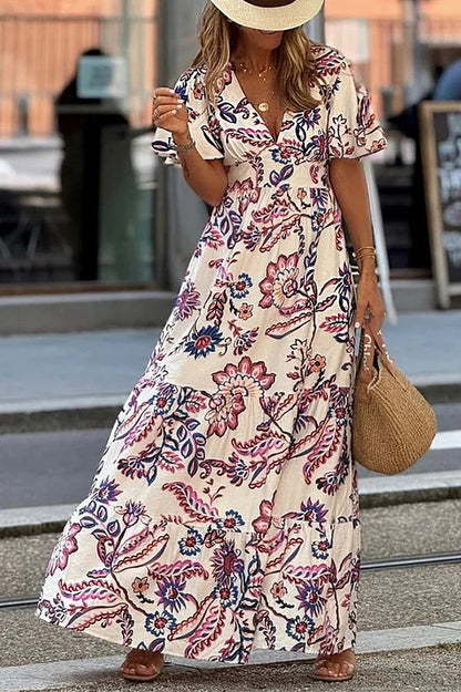 LB | Unique Print V-Neck Waist Holiday Maxi Dress