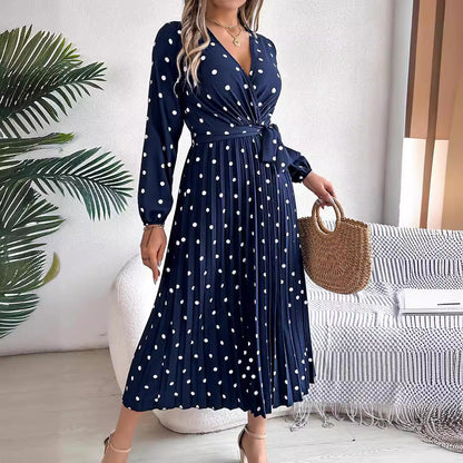 LB | Elegancka kontrastowa sukienka Maxi w kropki z plisowanym dekoltem w serek dla kobiet