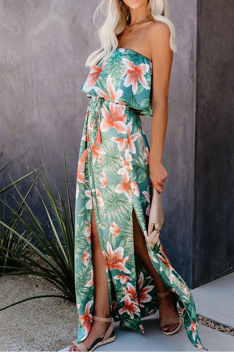 LB | Tropical Plant Print Sukienka maxi na ramiączkach z marszczonym rozcięciem