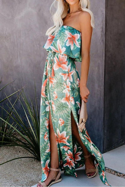 LB | Tropical Plant Print Sukienka maxi na ramiączkach z marszczonym rozcięciem