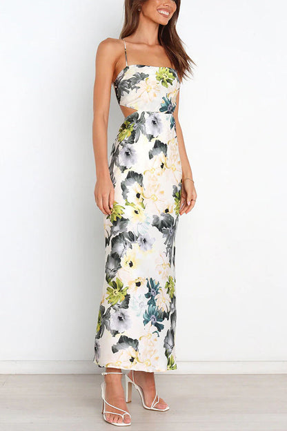 LB | Garden Party Floral Satin Cut Out Back Lace Up Maxi Dress