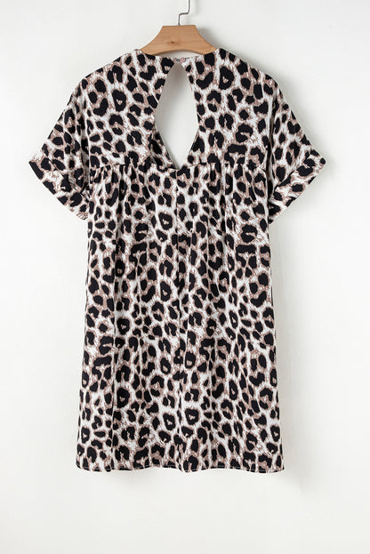 LB | Khaki Cheetah Print Backless V-Neck Luźna dopasowana mini sukienka