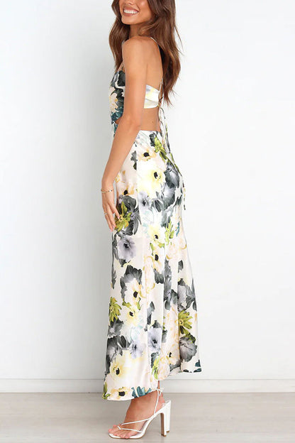 LB | Garden Party Floral Satin Cut Out Back Lace Up Maxi Dress