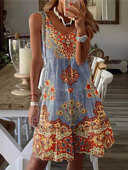 LB | Boho okrągły dekolt kwiatowy wzór mini sukienka bez rękawów
