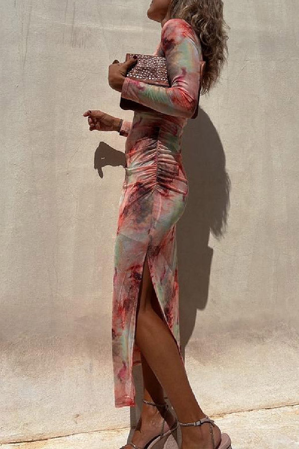LB | Charm Lady Mesh Overlay Tie Dye Print Long Sleeve Ruffled Stretch Midi Dress
