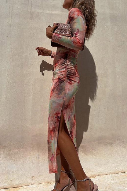 LB | Charm Lady Mesh Overlay Tie Dye Print Long Sleeve Ruffled Stretch Midi Dress