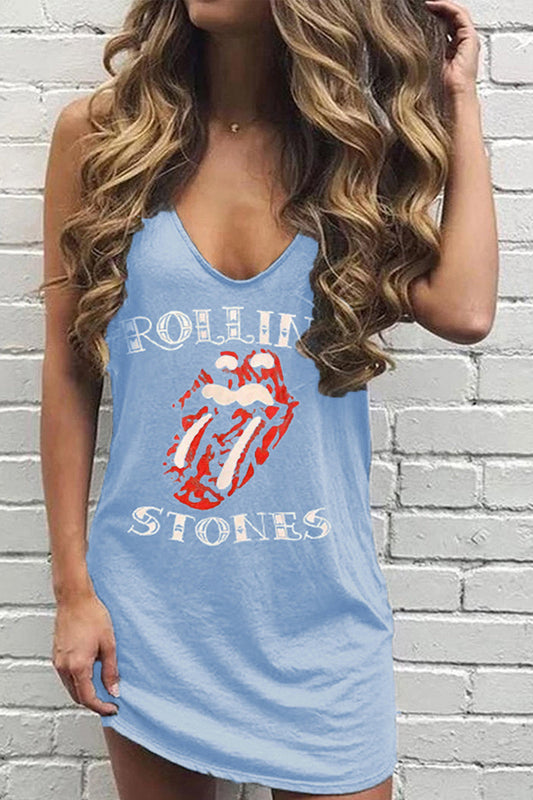 LB | Niebieska mini sukienka z nadrukiem ust Rolling Stones