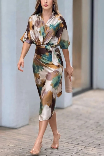 LB | Cityscape Moment Satin Tie Dye Print Half Sleeve Wrap Midi Dress