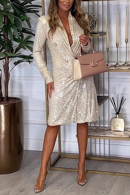 LB | Luxe Feeling Sequin Button Up Long Sleeve Blazer Midi Dress