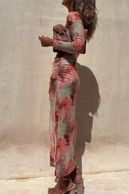 LB | Charm Lady Mesh Overlay Tie Dye Print Long Sleeve Ruffled Stretch Midi Dress