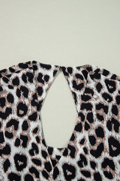 LB | Khaki Cheetah Print Backless V-Neck Luźna dopasowana mini sukienka