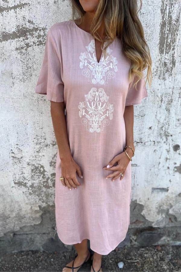 LB | Bohemian Print Lniana luźna sukienka midi