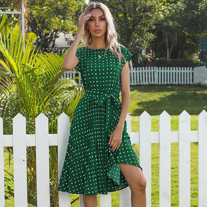 LB | Summer Women Polka Dot Short Sleeve Dress Casual Bandage Party Pleated Midi Dresses Elegant Green Office Lady Clothes