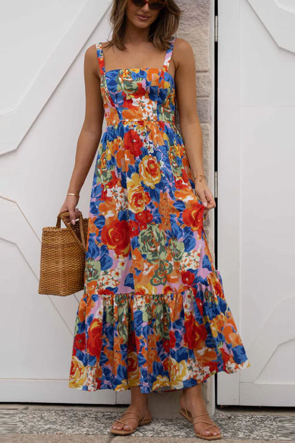 LB | Style Lover Kwadratowy dekolt Regulowane ramiączka Sukienka maxi w kwiaty