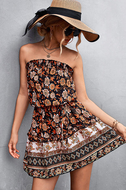 LB | Smocked bohemian mini sukienka z kwiatowym wzorem