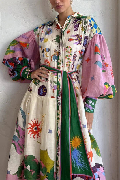 LB | Plisowana sukienka maxi w stylu retro we francuskim stylu dworskim z nadrukiem