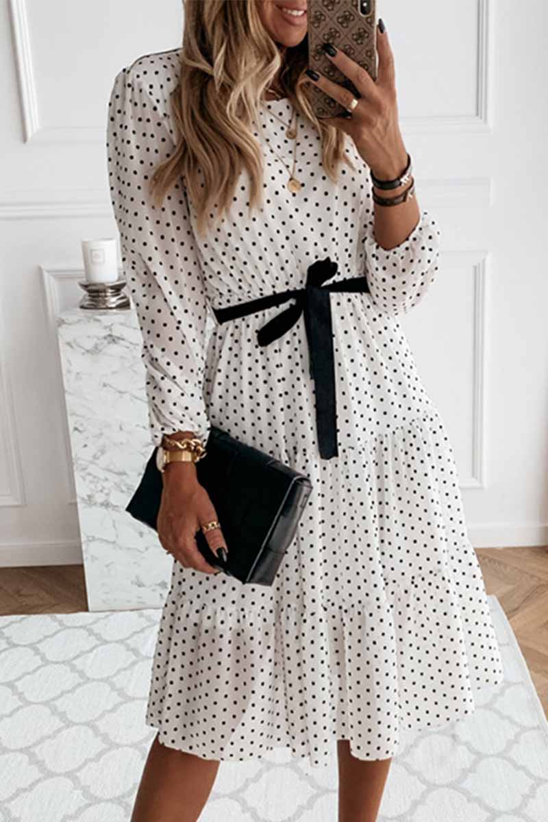 LB | Omyke Elegancka sukienka midi z okrągłym dekoltem w biało czarne kropki