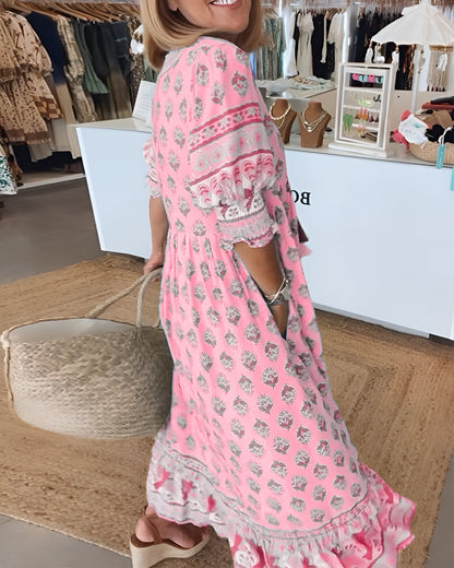 LB | Sukienka maxi w stylu boho - Dekolt w szpic - Luźny krój - Lekka i przewiewna