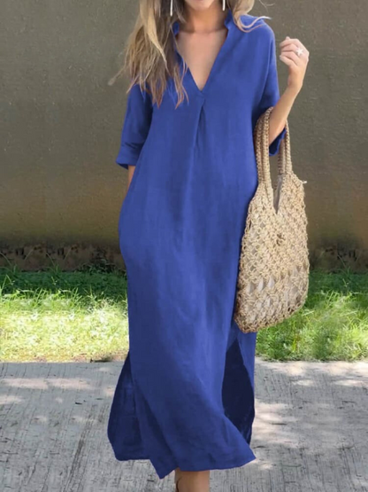 LB | Elegancka sukienka maxi z dekoltem w szpic i luźną sylwetką
