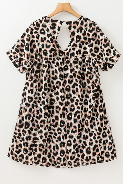 LB | Sukienka mini z krótkim rękawem z wycięciem z tyłu w panterkę V-neck