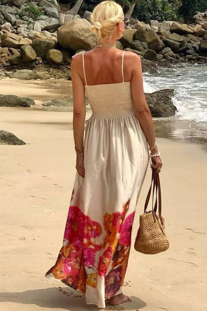 LB | Hidden Garden Satin Floral Print Smocked Off Shoulder Maxi Dress