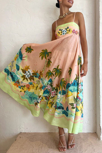 LB | Coconut Scenery Linen Blend Tropical Print Smocked Back Midi Dress