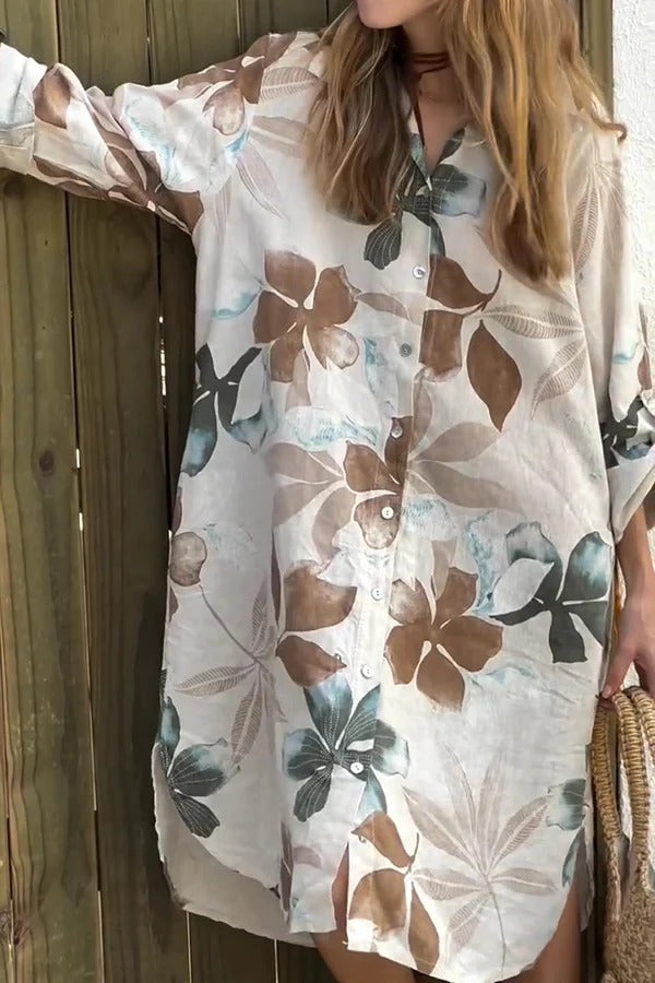 LB | Botanical Print Luźna sukienka midi z długim rękawem i kieszeniami, zapinana na jeden guzik