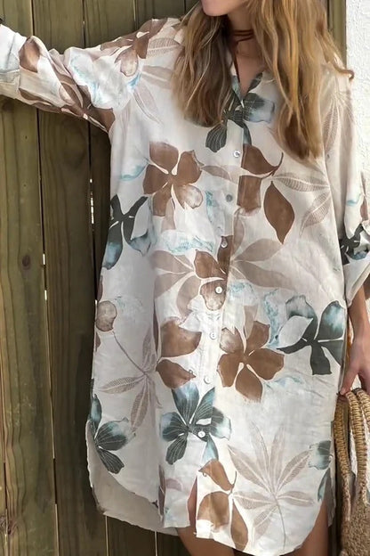 LB | Botanical Print Luźna sukienka midi z długim rękawem i kieszeniami, zapinana na jeden guzik