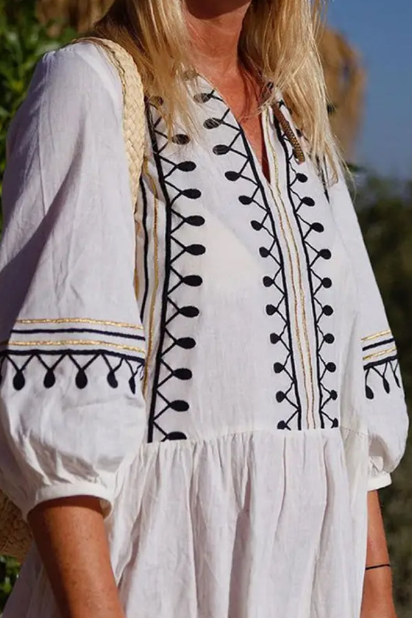 LB | V-Neck Casualowa luźna haftowana sukienka midi z rękawem midi