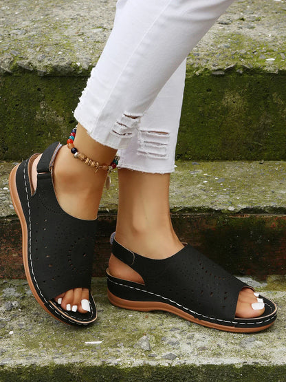 AS | Ethnic Pattern Punched Hollow Velcro Retro Sandały