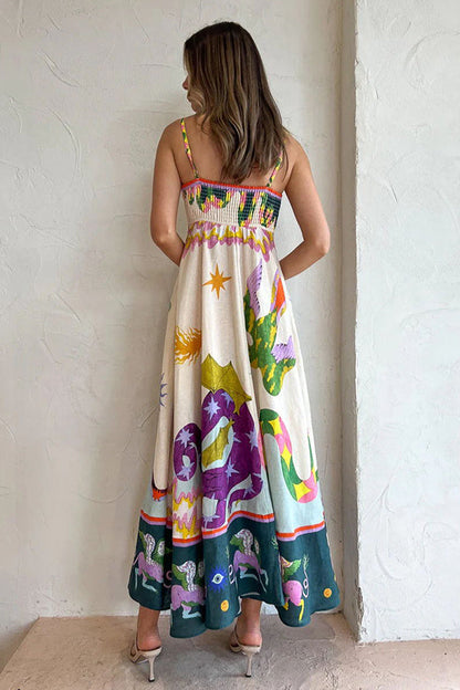 LB | Feel Effortlessly Linen Blend Unique Print Smocked Back Midi Dress
