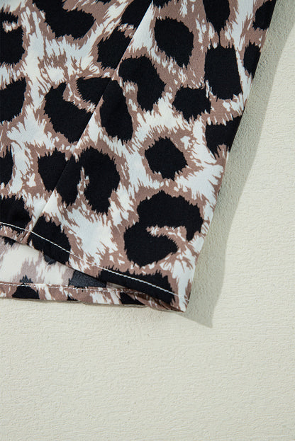 LB | Khaki Cheetah Print Backless V-Neck Luźna dopasowana mini sukienka