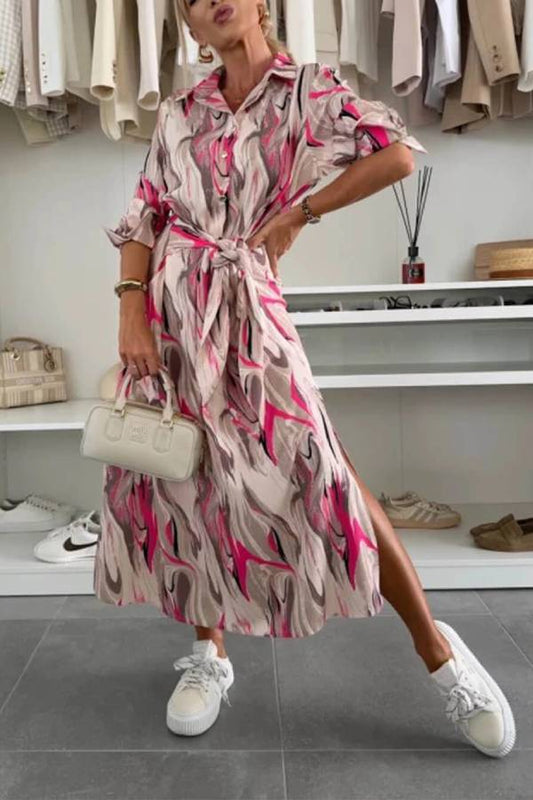 LB | Elegant Ease Satynowa sukienka midi z nadrukiem w talii