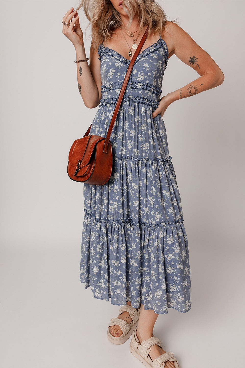 LB | Floral Spaghetti Strap Ruffle V Neck Tiered Midi Dress