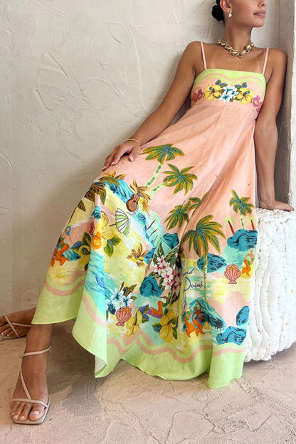 LB | Coconut Scenery Linen Blend Tropical Print Smocked Back Midi Dress